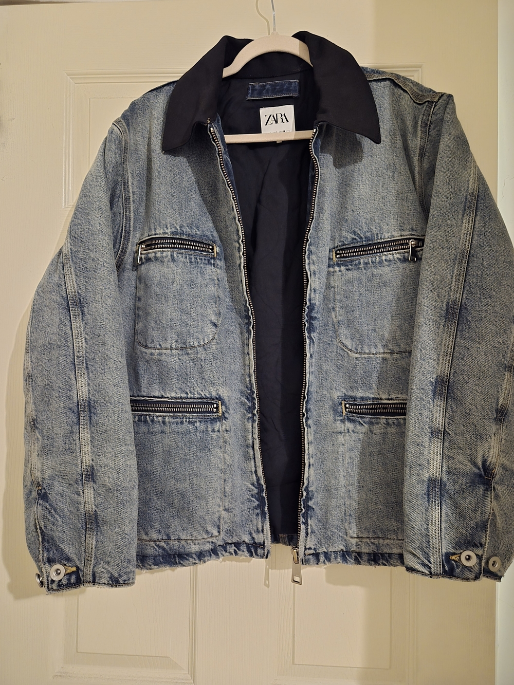 ZARA Light Blue Washed Denim Jacket with Dark Navy Collar
